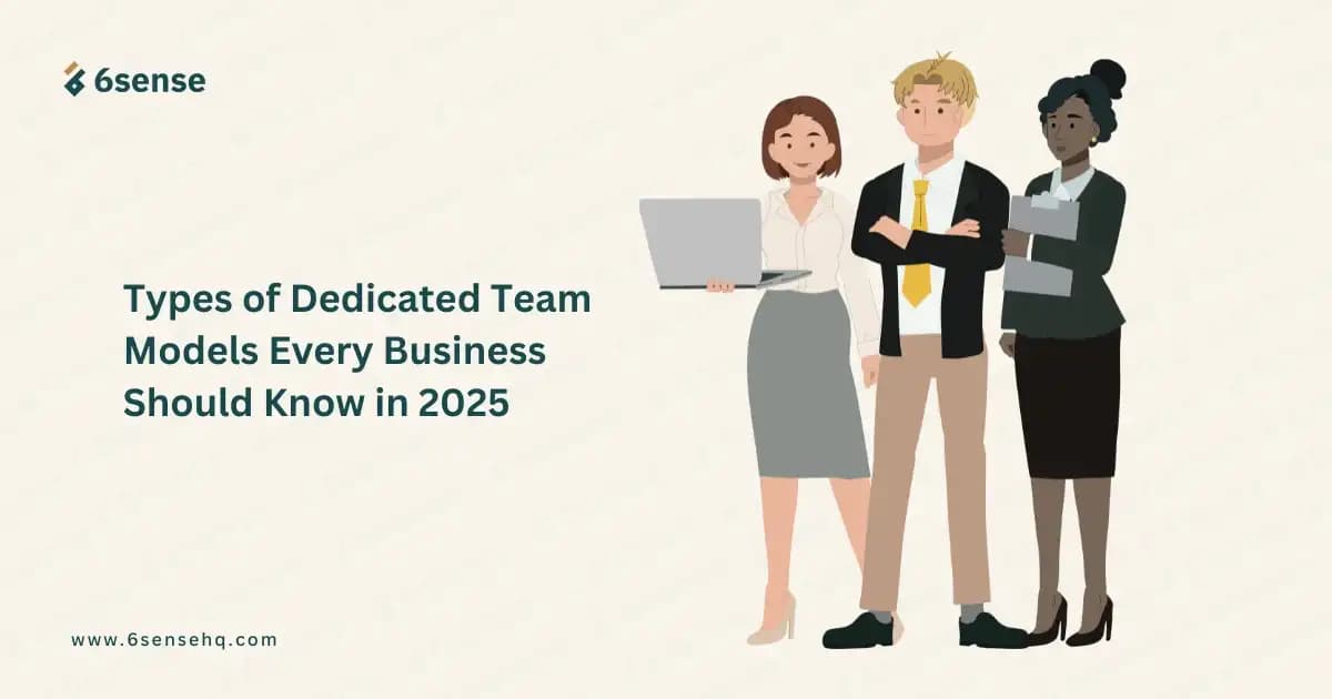 an image with text types of dedicated team models and three business persons vector